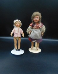 8'' 7" 1940s 2 CUTIE COMPO JOINTED BLONDE BRUNETTE DOLLS, ORIGINAL DRESS, N.Y.